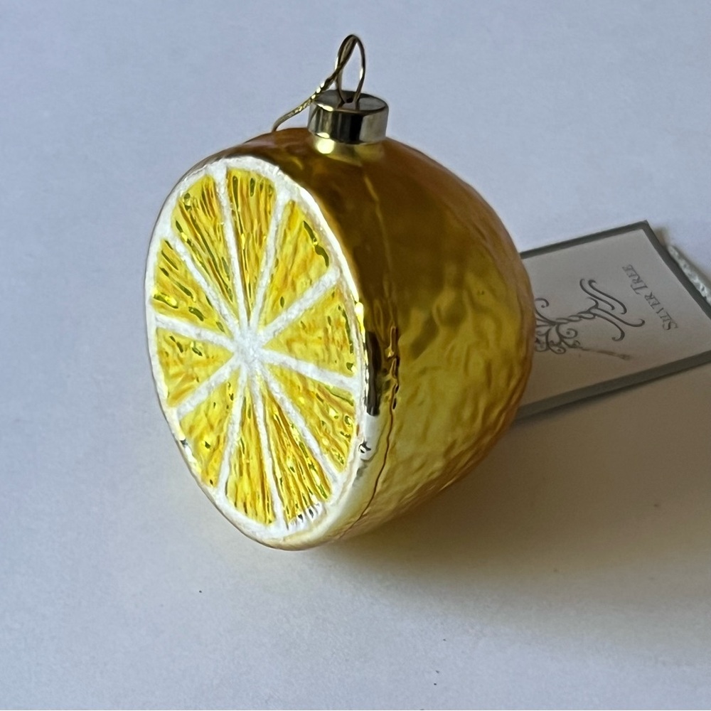 SILVER TREE HALF LEMON GLASS CHRISTMAS ORNAMENT YELLOW 3” NWT